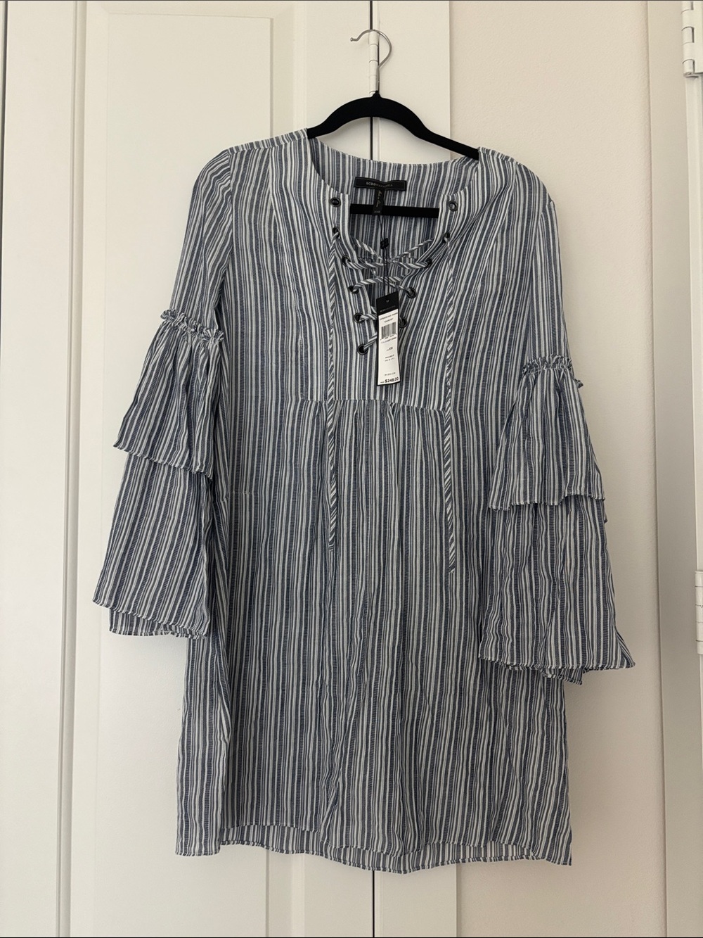 BCBGMaxAzria Blue and White Striped Tiered-Sleeve Tunic Dress